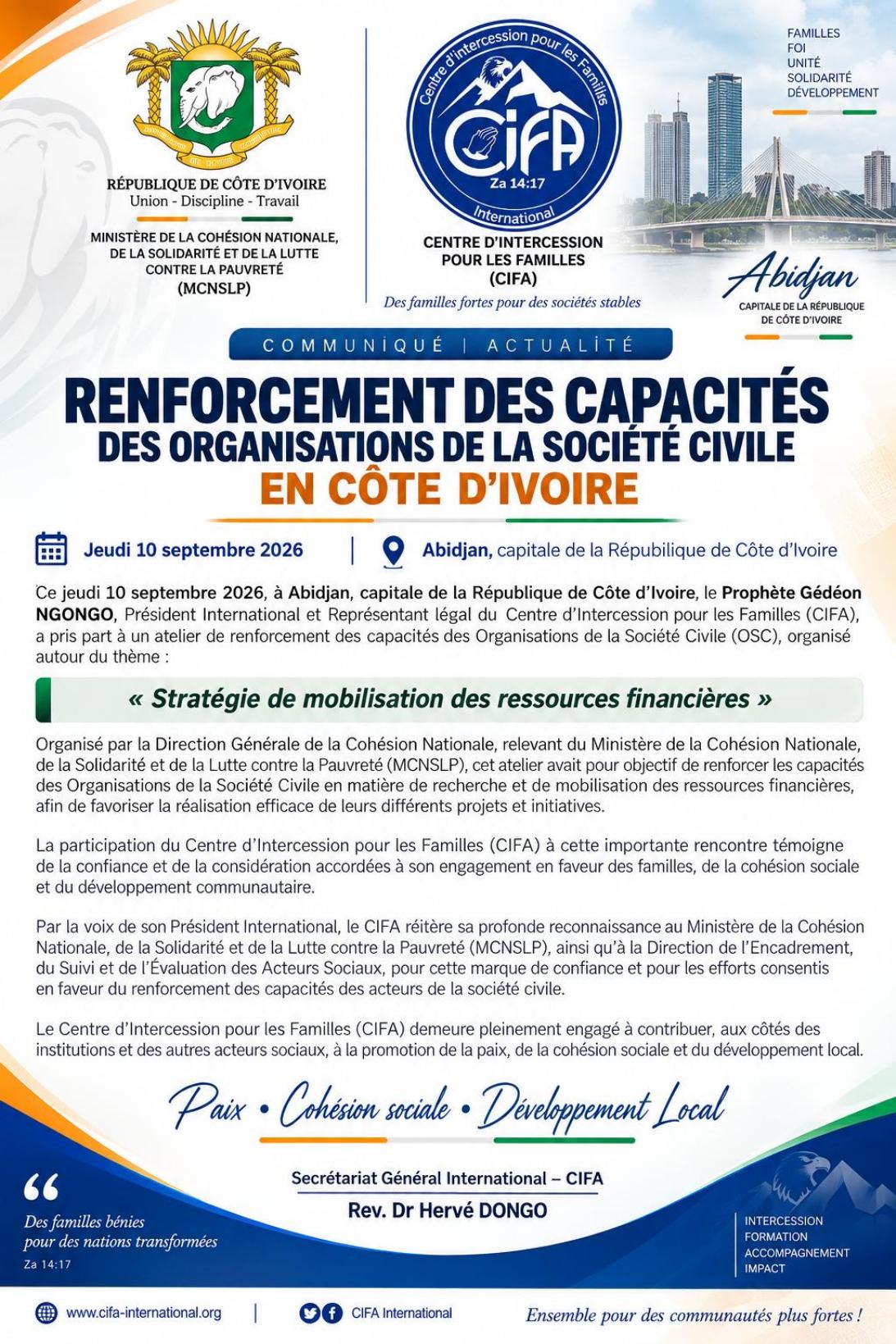 Communiqué officiel du CIFA — renforcement des capacités des organisations de la société civile en Côte d'Ivoire